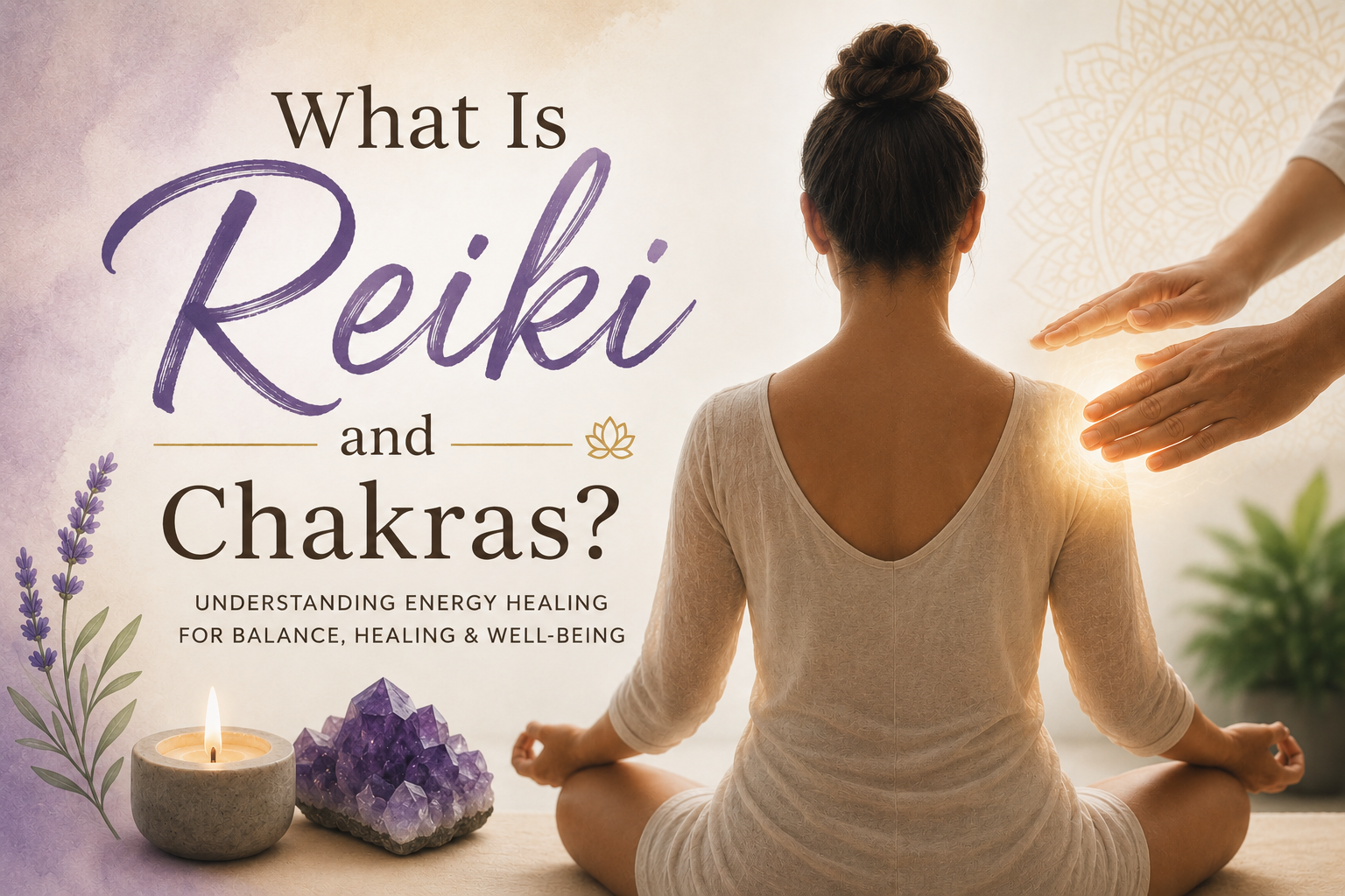Meditation and Reiki energy healing illustration with chakra-themed text, candle, lavender, and amethyst.